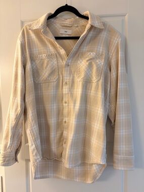 TNA Light Beige Oversized Plaid Button-Up Shirt